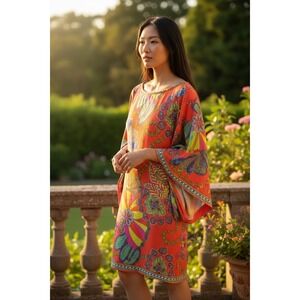 Trina Turk XS 60s Mod Psychedelic Print Bell Sleeve Tunic Boho Resort Glam